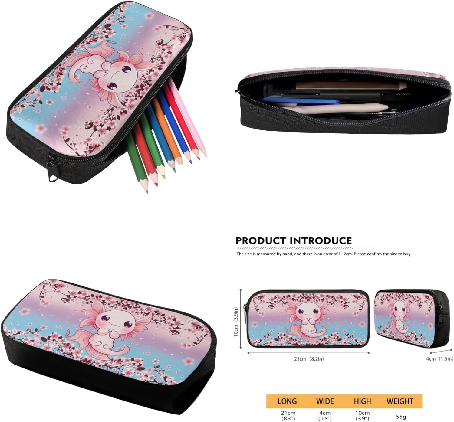 Cute Axolotl Girls Backpack 3 Pcs Set for Kids Book Bag,Cherry Blossom School Bag for Children Boys Back Pack with Lunch Bag and Pencil Pouch for Adut Women Make Up Bag