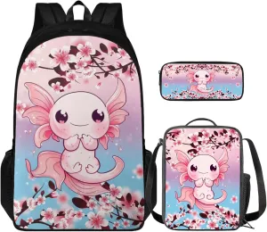 Cute Axolotl Girls Backpack 3 Pcs Set for Kids Book Bag,Cherry Blossom School Bag for Children Boys Back Pack with Lunch Bag and Pencil Pouch for Adut Women Make Up Bag