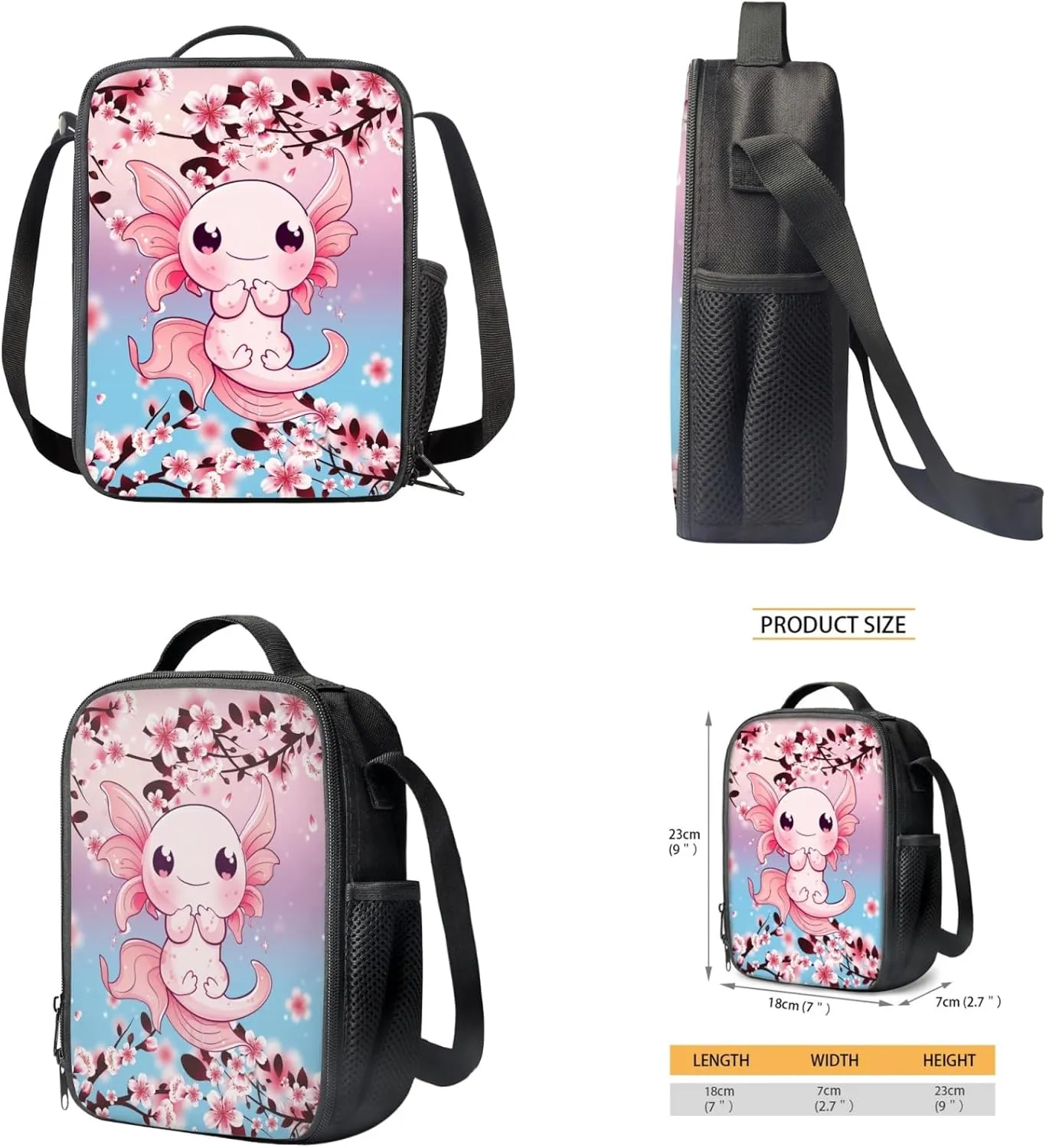 Cute Axolotl Girls Backpack 3 Pcs Set for Kids Book Bag,Cherry Blossom School Bag for Children Boys Back Pack with Lunch Bag and Pencil Pouch for Adut Women Make Up Bag
