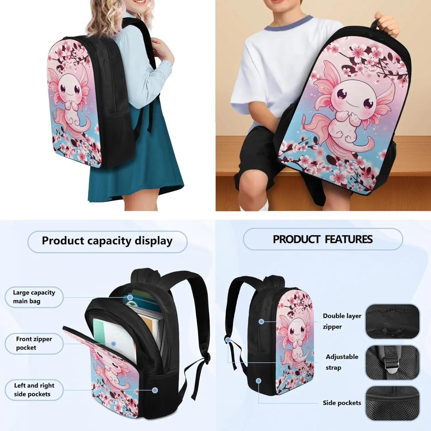 Cute Axolotl Girls Backpack 3 Pcs Set for Kids Book Bag,Cherry Blossom School Bag for Children Boys Back Pack with Lunch Bag and Pencil Pouch for Adut Women Make Up Bag