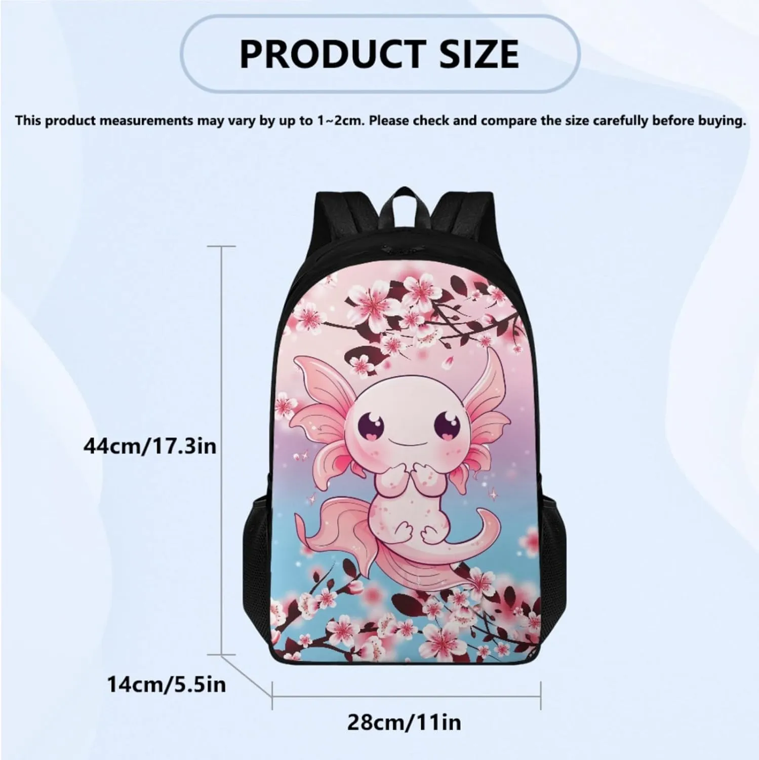 Cute Axolotl Girls Backpack 3 Pcs Set for Kids Book Bag,Cherry Blossom School Bag for Children Boys Back Pack with Lunch Bag and Pencil Pouch for Adut Women Make Up Bag