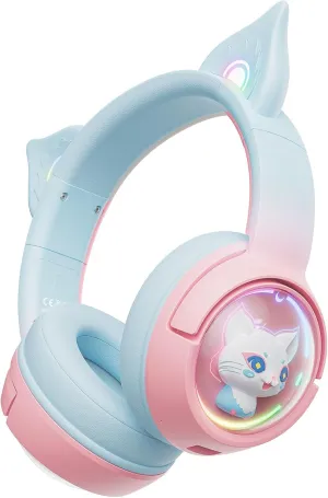 Cute Cat Bluetooth Headphones, Wireless & Wired Mode Headset with Mic, RGB LED Light, for Girls Women School Gaming, Compatible with Mobile Phones Tablet (Pink Blue)