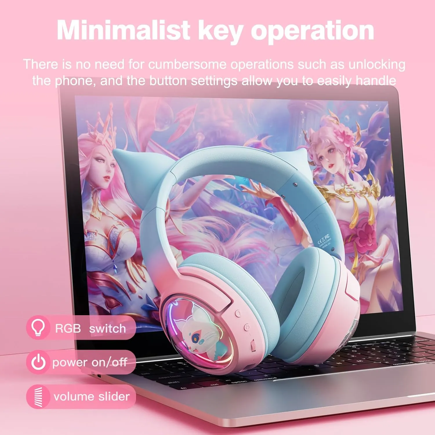 Cute Cat Bluetooth Headphones, Wireless & Wired Mode Headset with Mic, RGB LED Light, for Girls Women School Gaming, Compatible with Mobile Phones Tablet (Pink Blue)