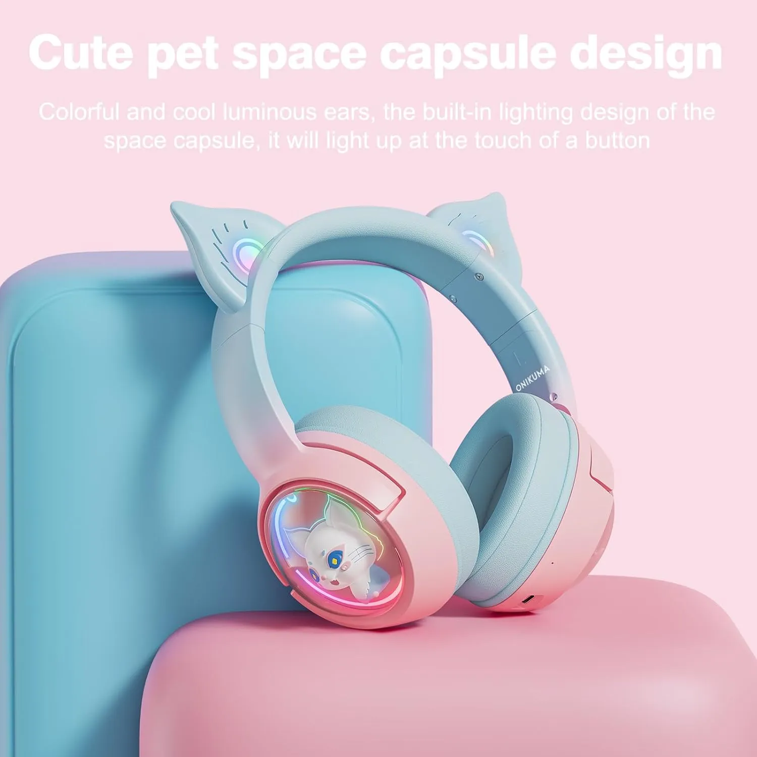Cute Cat Bluetooth Headphones, Wireless & Wired Mode Headset with Mic, RGB LED Light, for Girls Women School Gaming, Compatible with Mobile Phones Tablet (Pink Blue)