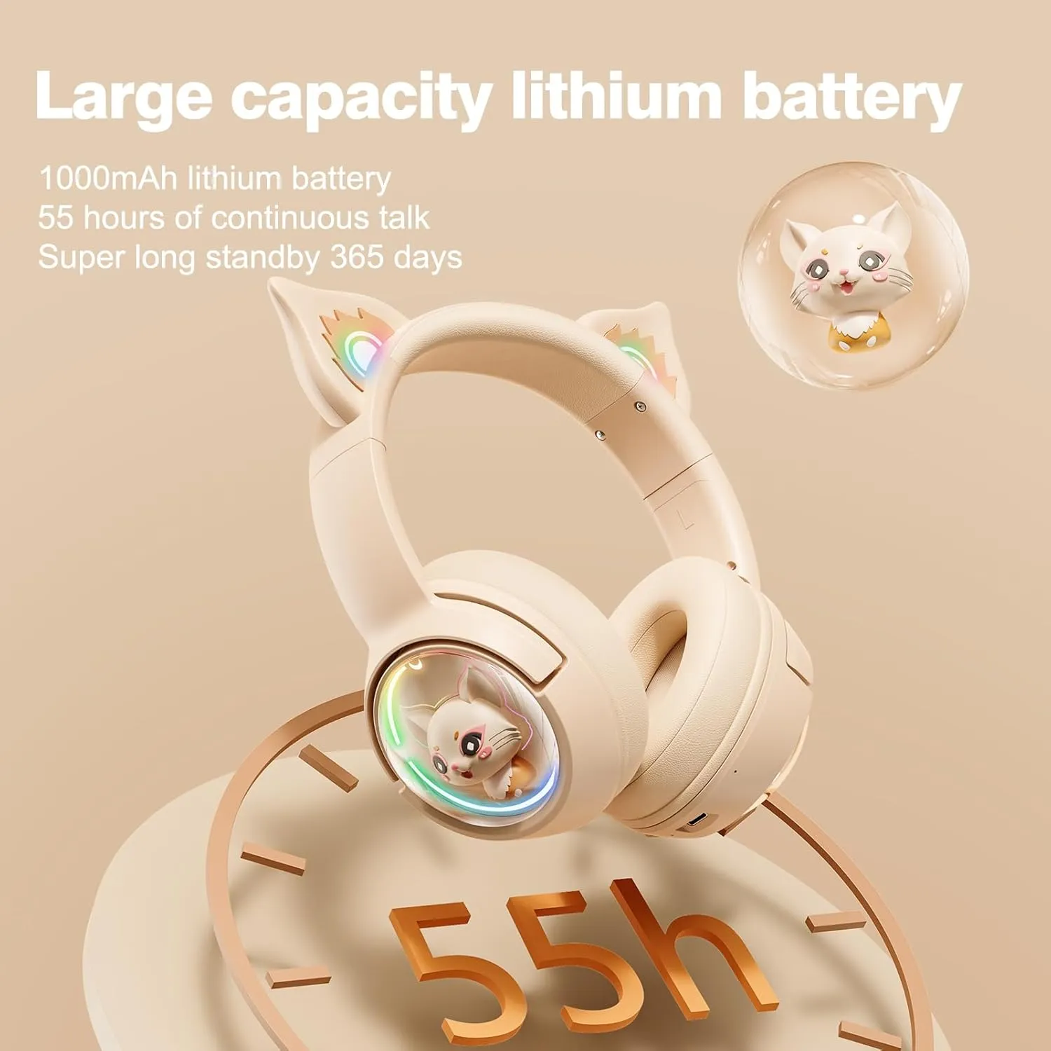 Cute Cat Bluetooth Headphones, Wireless & Wired Mode Headset with Mic, RGB LED Light, for Girls Women School Gaming, Compatible with Mobile Phones Tablet