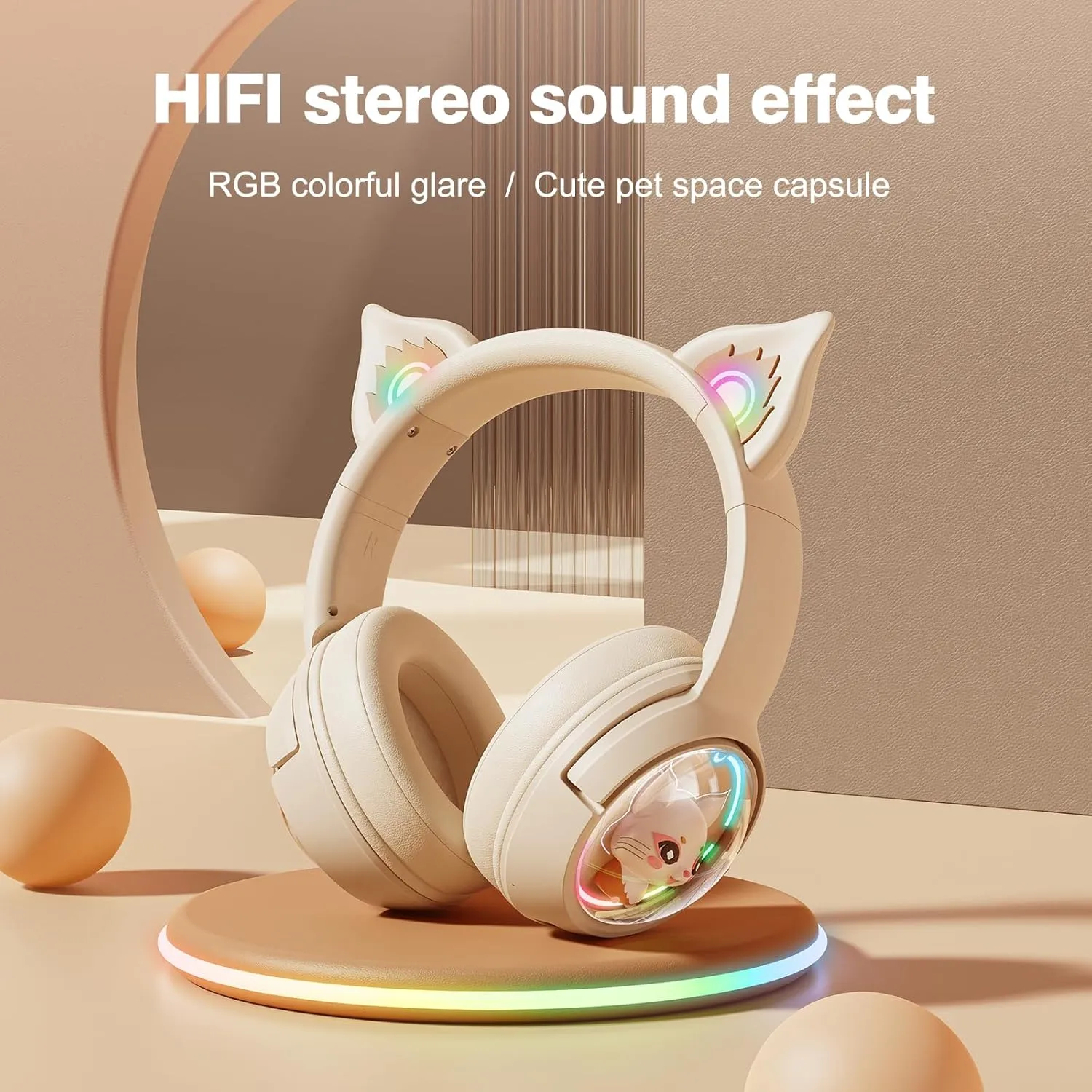 Cute Cat Bluetooth Headphones, Wireless & Wired Mode Headset with Mic, RGB LED Light, for Girls Women School Gaming, Compatible with Mobile Phones Tablet