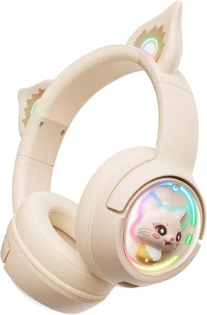 Cute Cat Bluetooth Headphones, Wireless & Wired Mode Headset with Mic, RGB LED Light, for Girls Women School Gaming, Compatible with Mobile Phones Tablet
