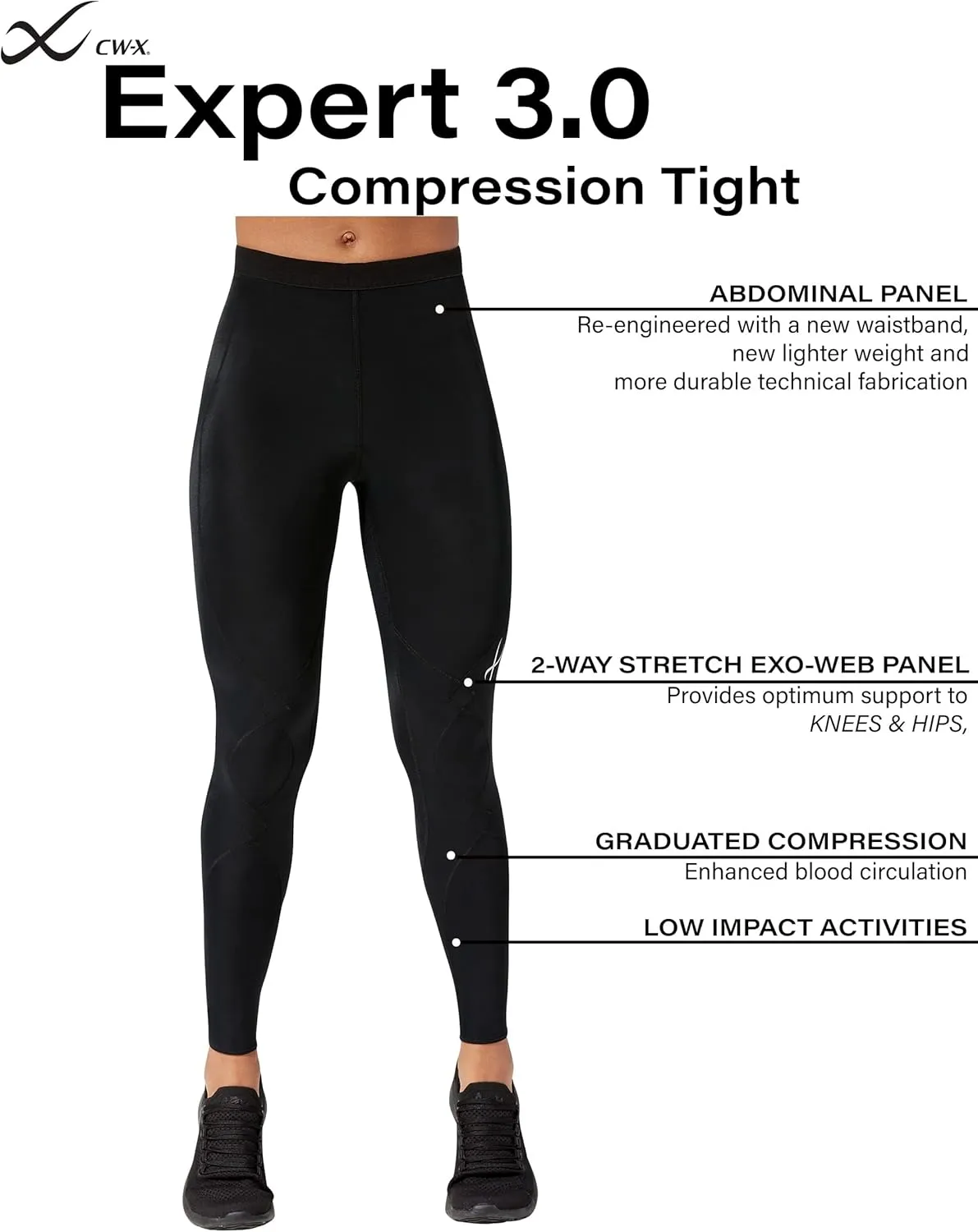 CW-X Women's Expert 3.0 Joint Support Compression Tight, Leggings for Low Impact Activity and Travel