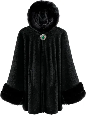 Dahlia Women's Winter Poncho Cape with Faux Fur Trim & Fleece Lined