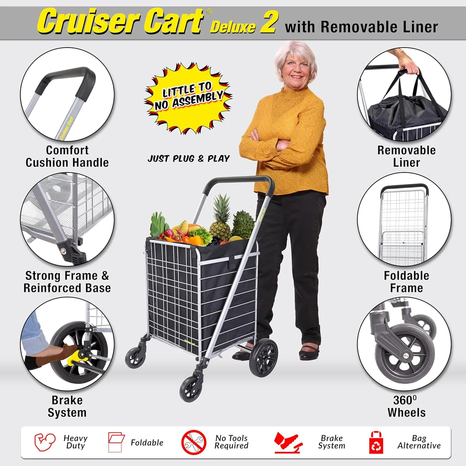 dbest products Cruiser Cart Deluxe 2 with Liner Bag Bundle Shopping Grocery Rolling Folding Laundry Basket on Wheels Foldable Utility Trolley Compact Lightweight Collapsible