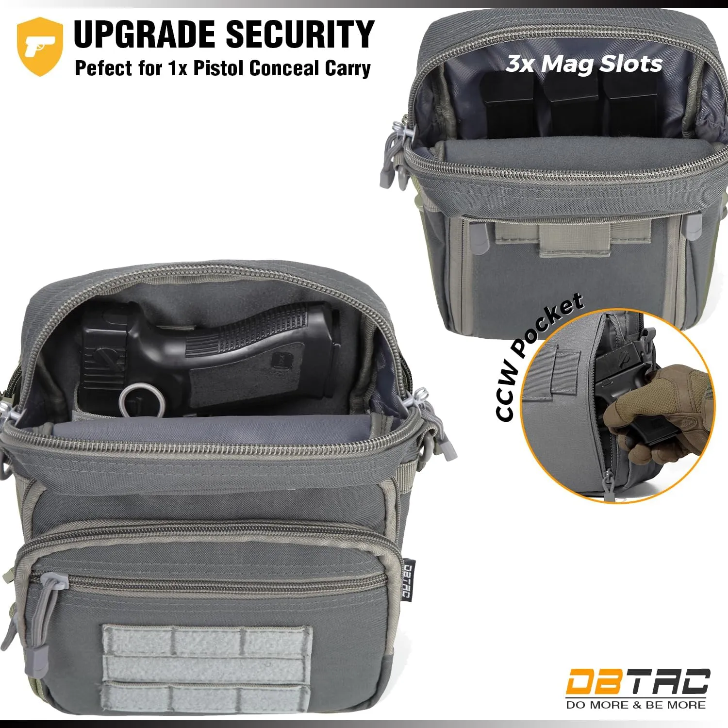 DBTAC Compact Gun Pouch w/Shoulder Strap | 3L CCW Crossbody Travel Bag Tactical Shoulder Bag w/Gun Holder, Arsenic Gray