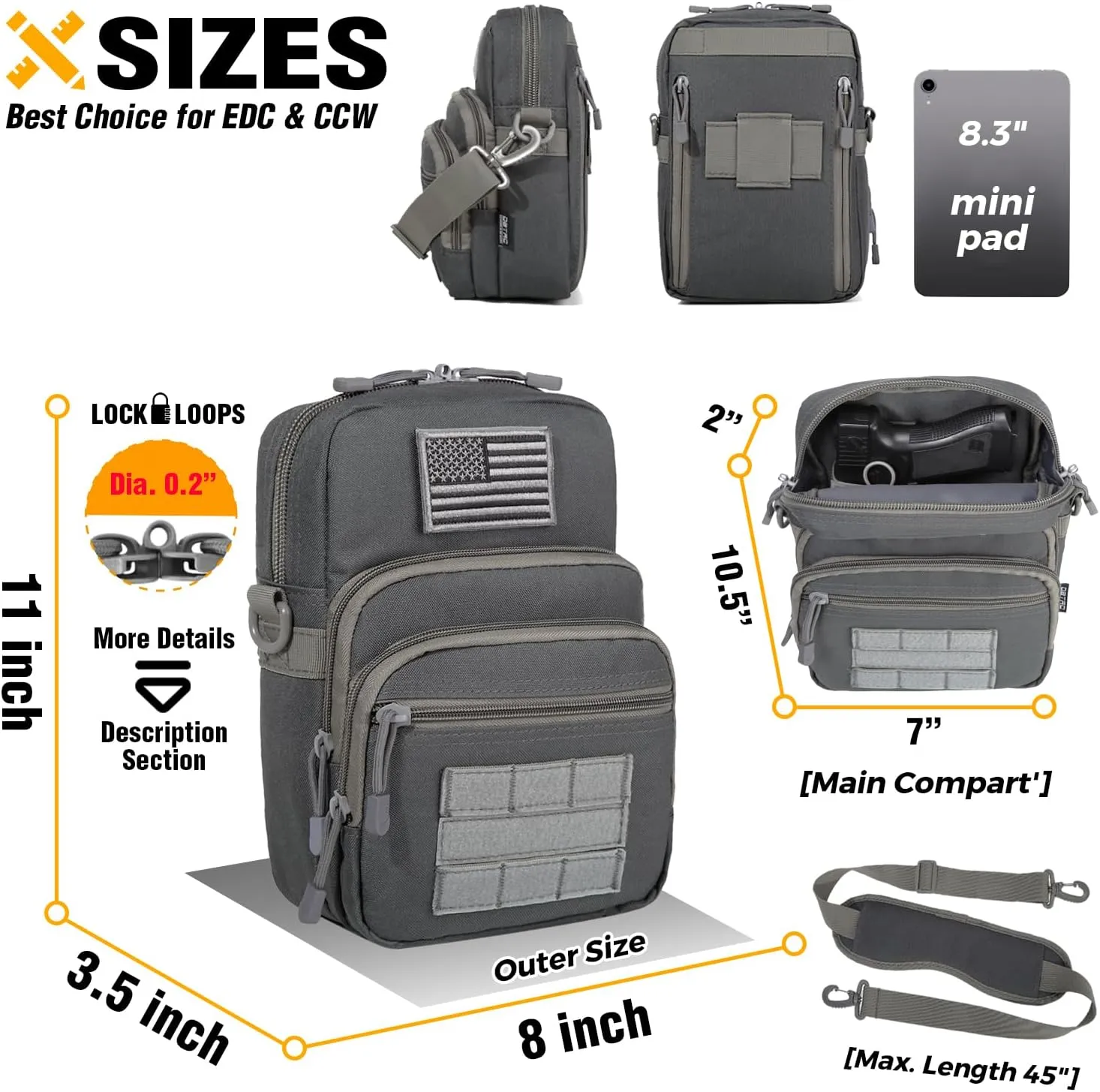 DBTAC Compact Gun Pouch w/Shoulder Strap | 3L CCW Crossbody Travel Bag Tactical Shoulder Bag w/Gun Holder, Arsenic Gray