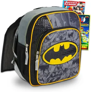 DC Comics Justice League Mini Batman Backpack for Boys Toddlers Kids ~ Deluxe 12 Inch Preschool Toddler Backpack with Detachable Cape and Stickers (Batman School Supplies)