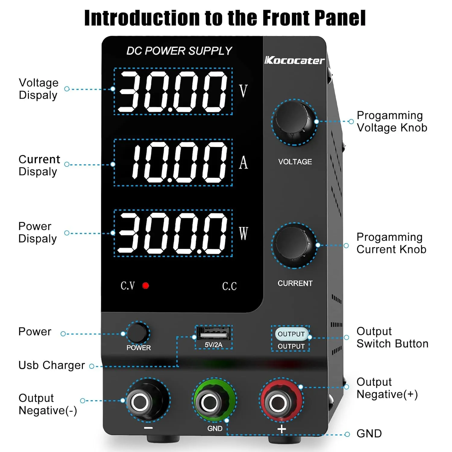 DC Power Supply Variable 30V 10A with Output Switch, Adjustable Regulated Switching Bench Power Supply with 4-Digits LED Power Display, 5V/2A USB Interface, Accurate Encoder Adjustment Knob
