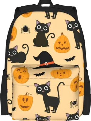 Delerain Pumpkin Black Cat Kids Backpack School Book Bag Travel Daypack Shoulder Bag 16 Inch Plus Lightweight Laptop Bag for 1-6th Grade Boys Girls Back to School