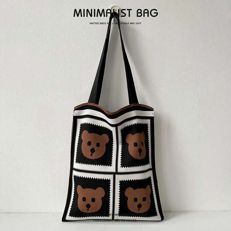 Design Cute Panda Knitted Korean Style Versatile Large Shoulder Bags