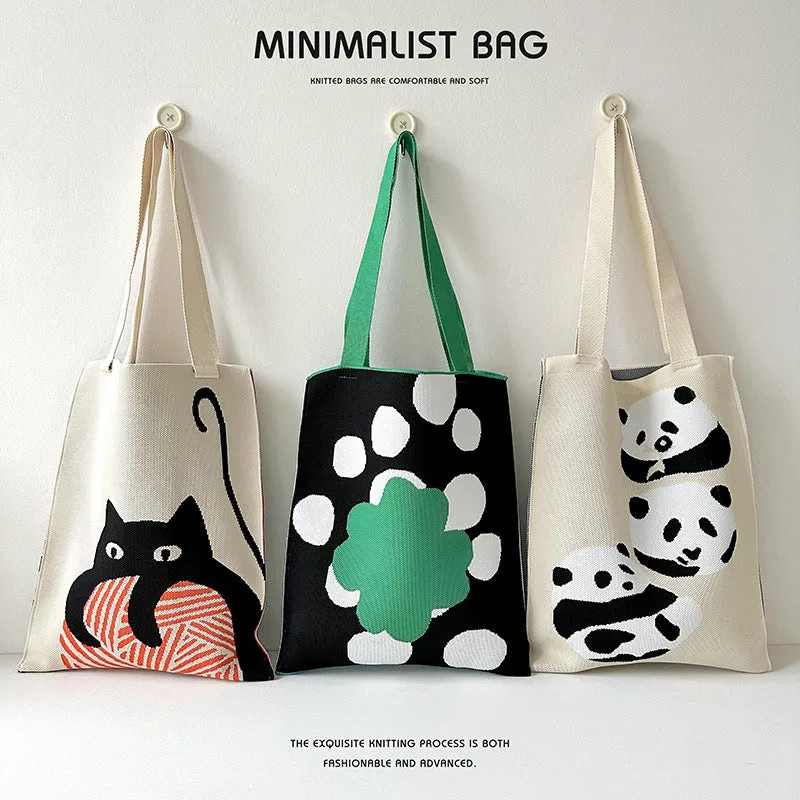 Design Cute Panda Knitted Korean Style Versatile Large Shoulder Bags