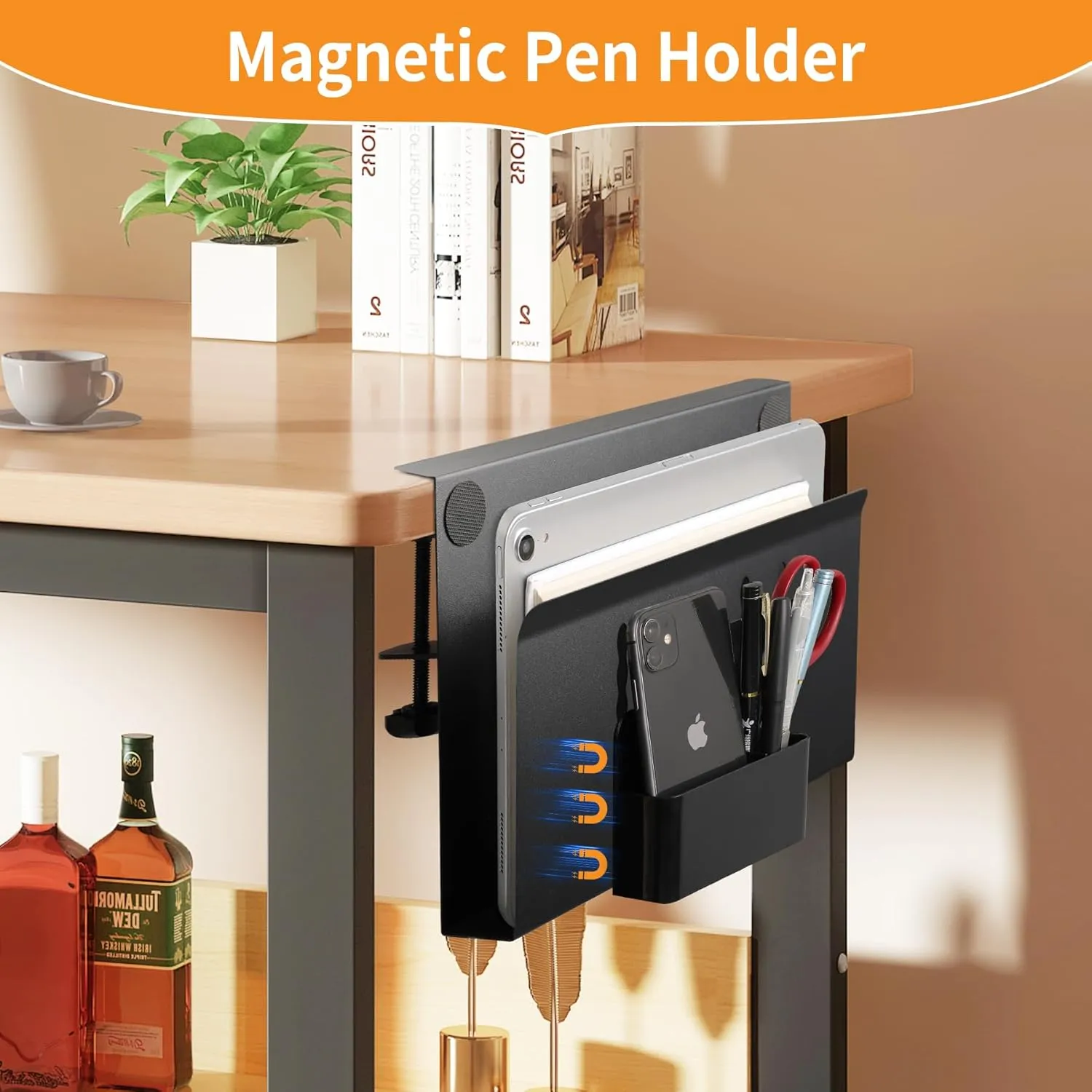 Desk Side Storage with Pen Holder, No Drill Hanging Desk Organizer Under Desk Storage Mount, Clamp-On Laptop Holder Table Side Tray Desktop Organization for Office and Home (Black)