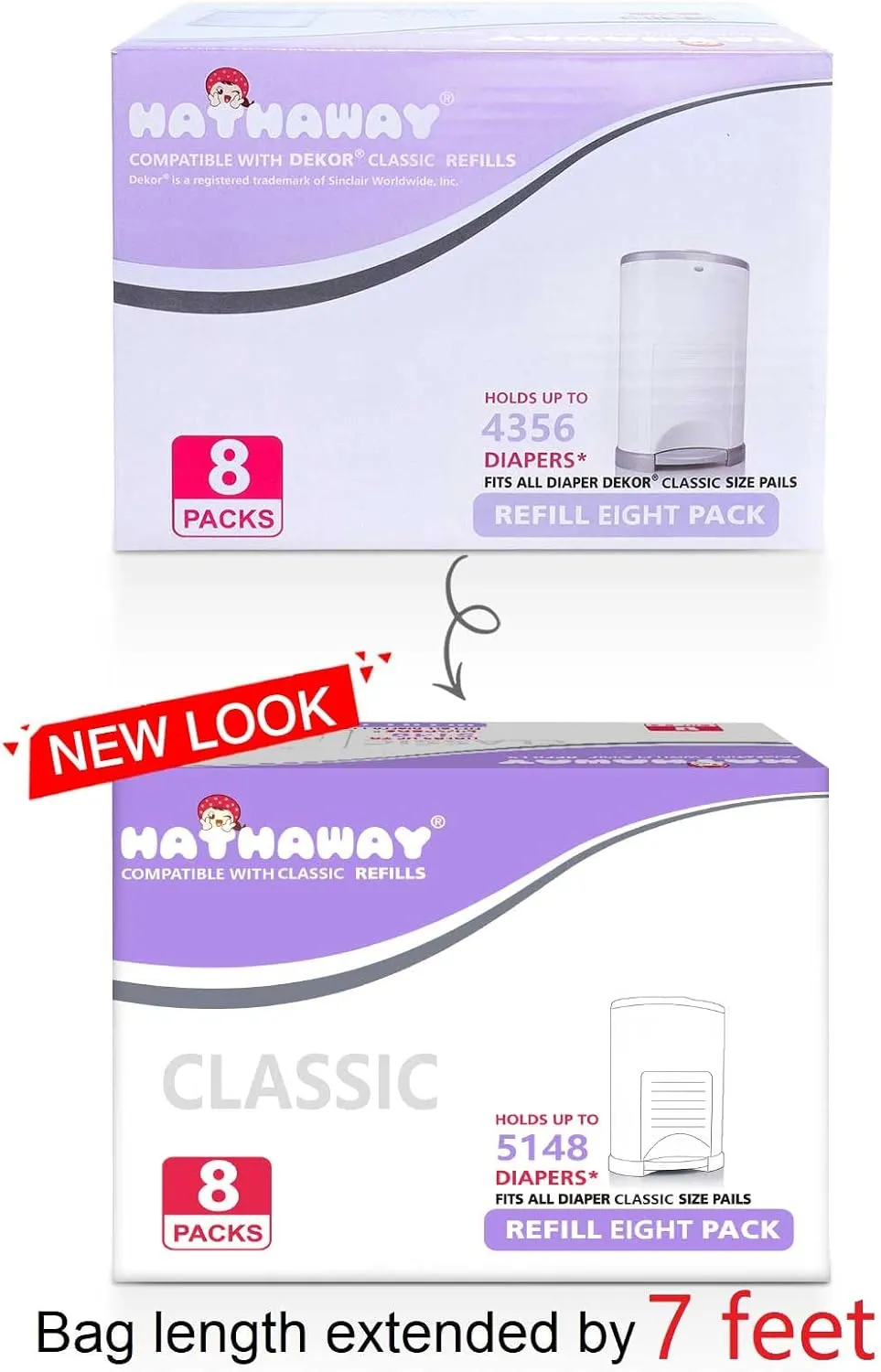 Diaper Pail Refill Bags Compatible with Dekor Classic Diaper Pail, Extra 30% Length, Hold up to 5148 Diapers, Lavender Scent, 8 Pack