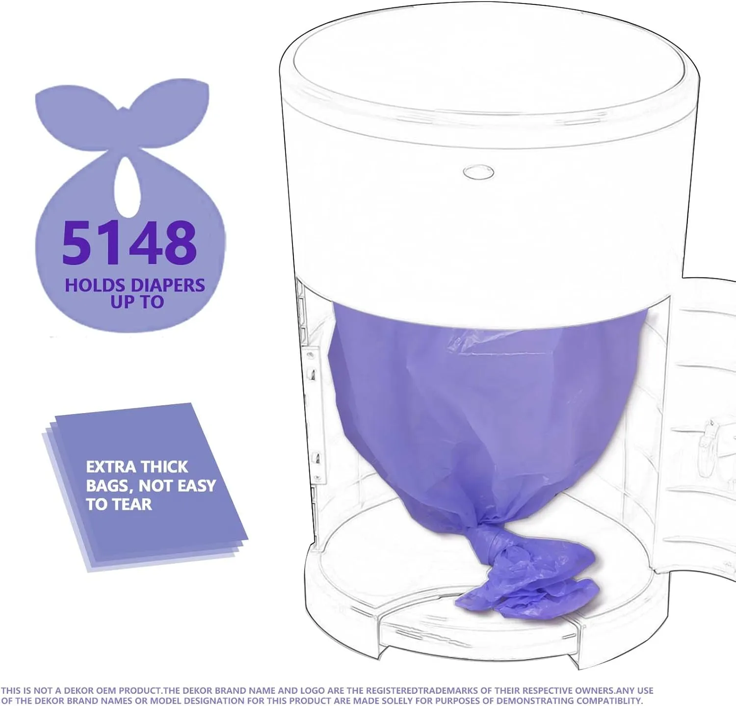 Diaper Pail Refill Bags Compatible with Dekor Classic Diaper Pail, Extra 30% Length, Hold up to 5148 Diapers, Lavender Scent, 8 Pack