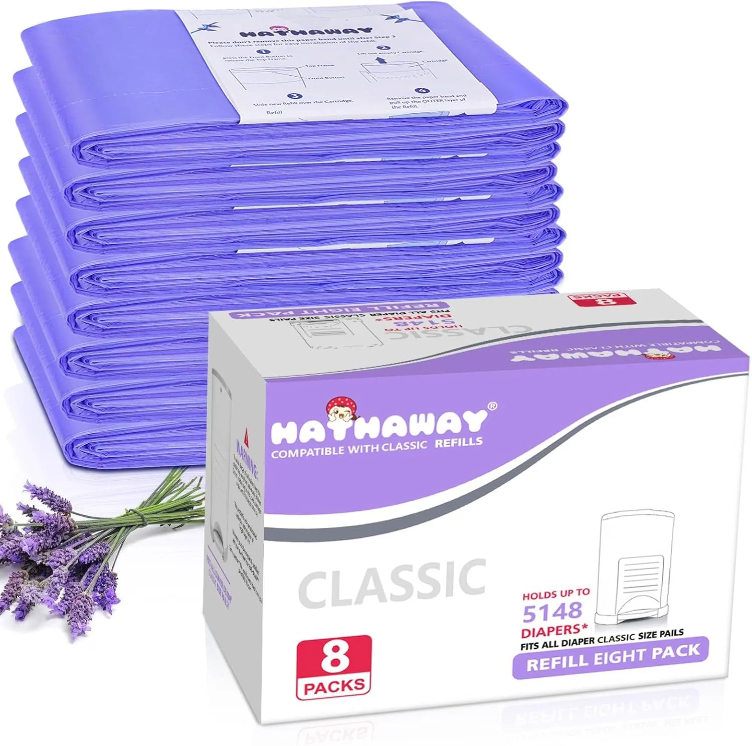 Diaper Pail Refill Bags Compatible with Dekor Classic Diaper Pail, Extra 30% Length, Hold up to 5148 Diapers, Lavender Scent, 8 Pack