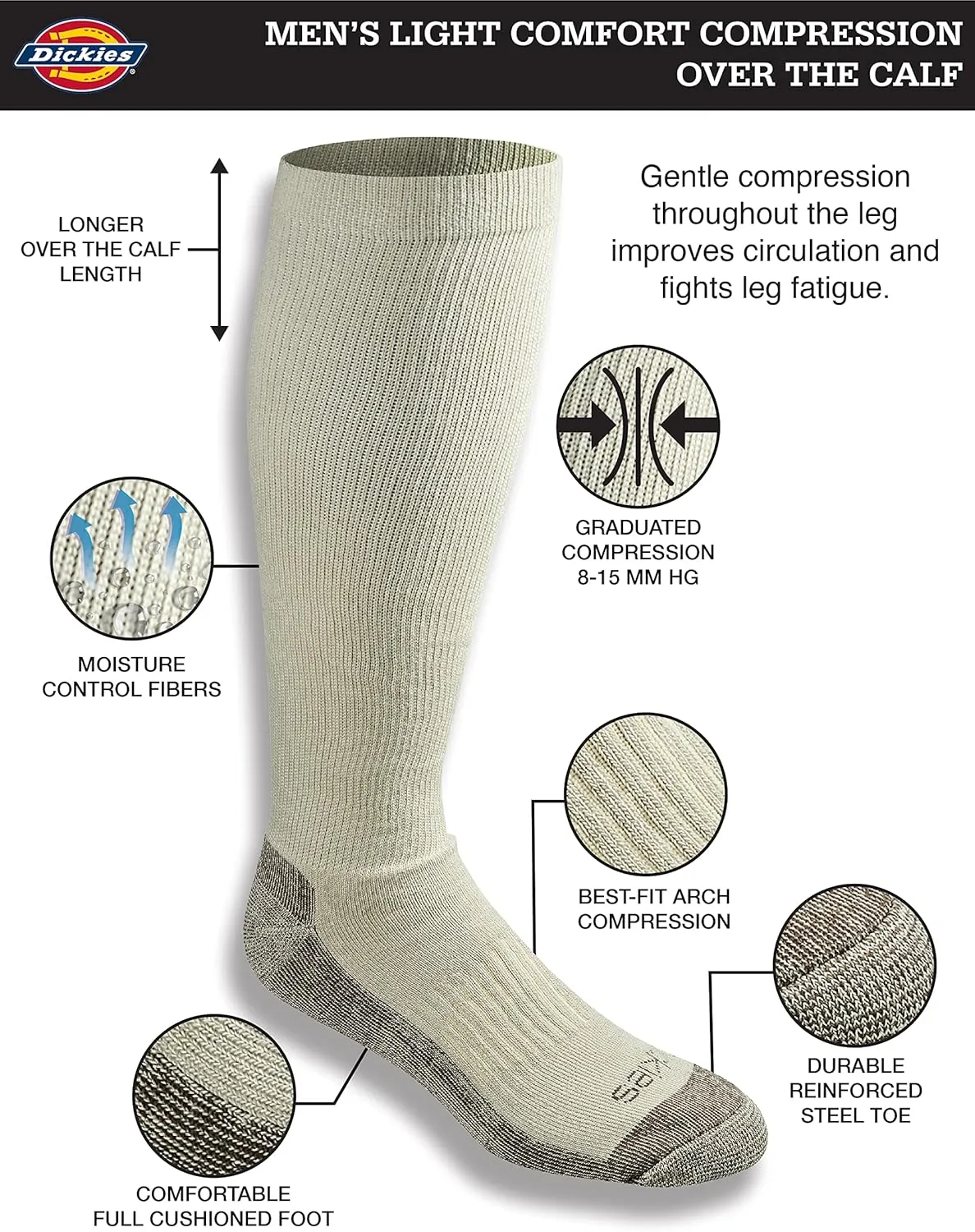 Dickies Men's Light Compression Comfort Over-The-Calf Socks, Available in M-XXL (2, 4 Pairs)