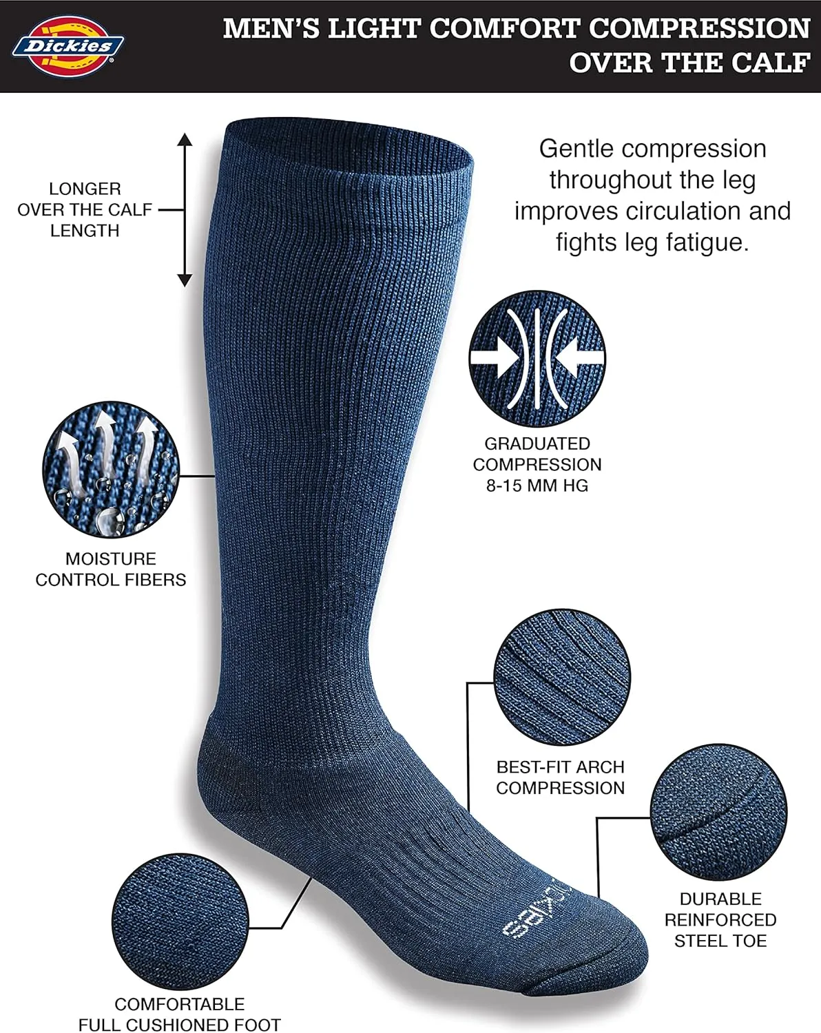 Dickies Men's Light Compression Comfort Over-The-Calf Socks, Available in M-XXL (2, 4 Pairs)