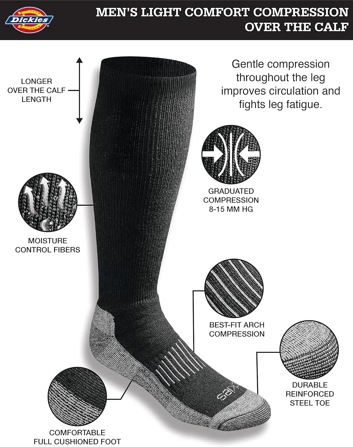 Dickies Men's Light Compression Comfort Over-The-Calf Socks, Available in M-XXL (2, 4 Pairs)
