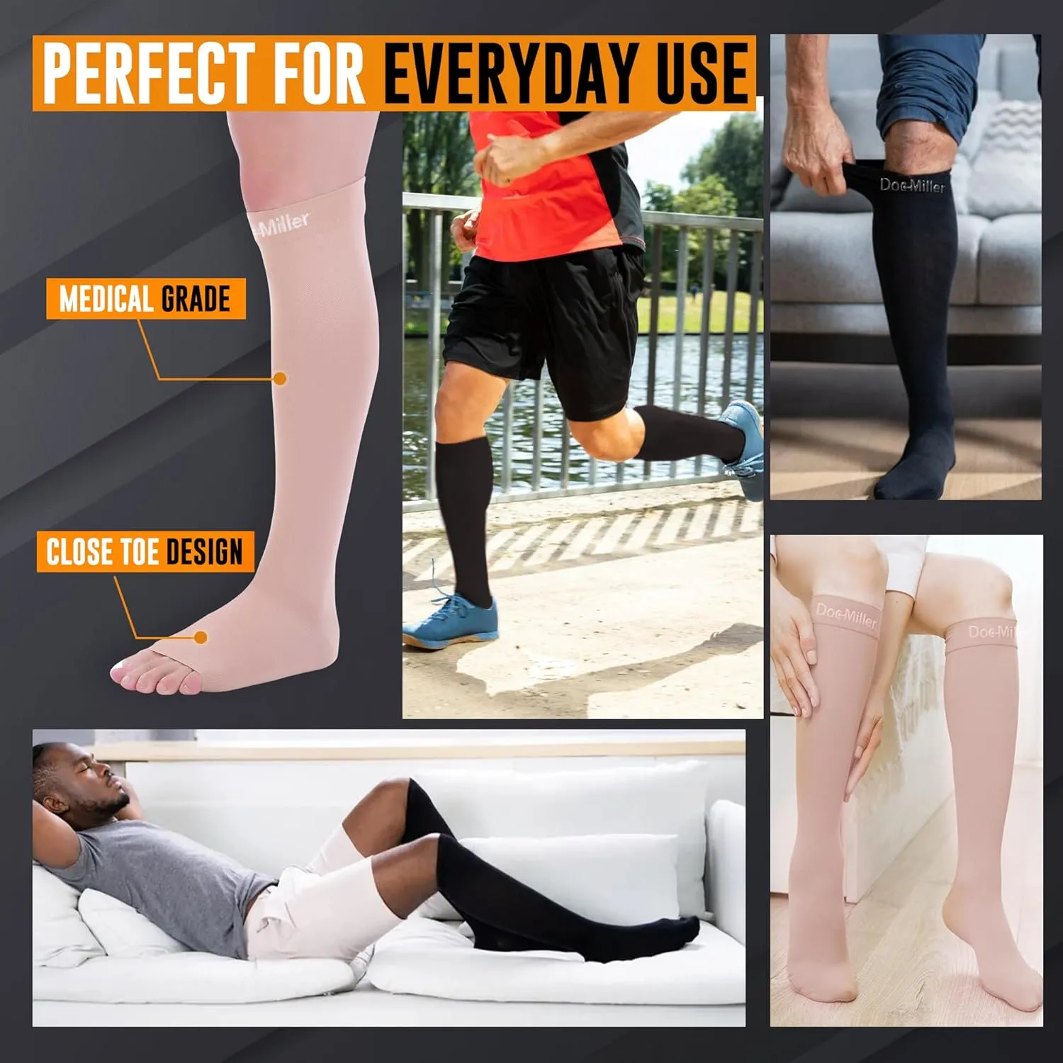 Doc Miller - Compression Socks for Women & Men - 8-15 mmHg Knee High, Medical Grade Support - Sports, Travel, Nurse, 1 Pair