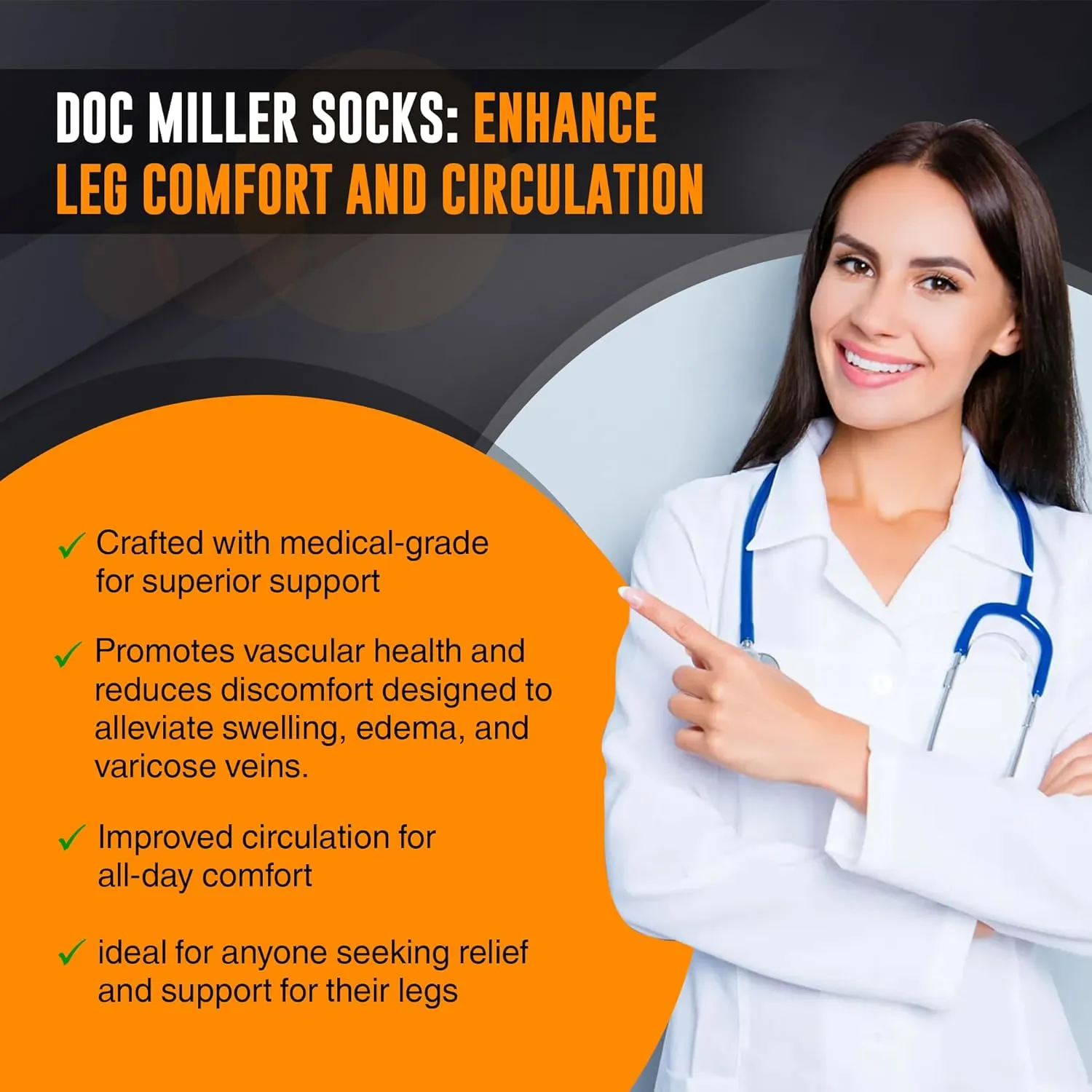 Doc Miller - Compression Socks for Women & Men - 8-15 mmHg Knee High, Medical Grade Support - Sports, Travel, Nurse, 1 Pair