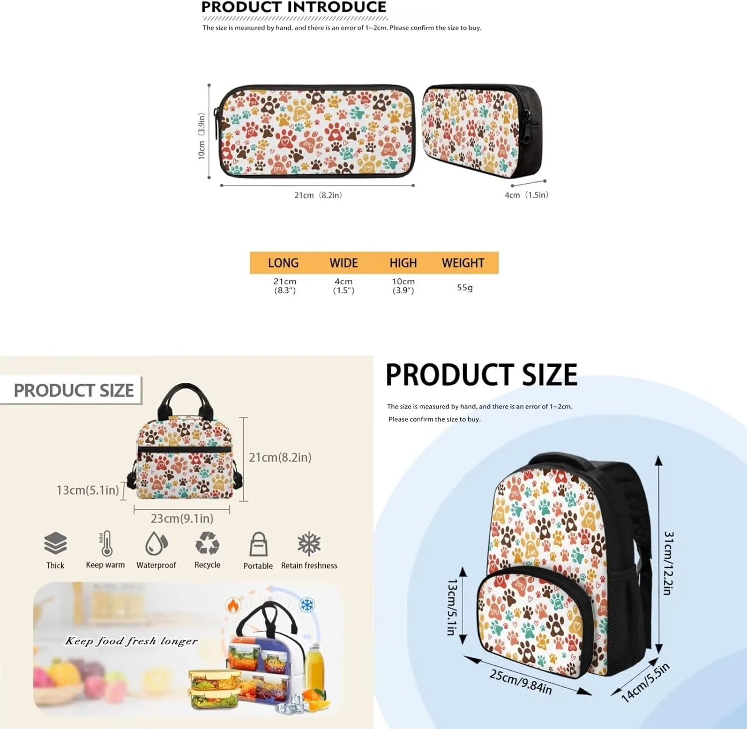 Dog Paw Print Middle School Backpacks for Girls Lightweight Sturdy Zippers Bookbag with Lunch Box Leakproof Large Lunch Containers for Back to School Gifts