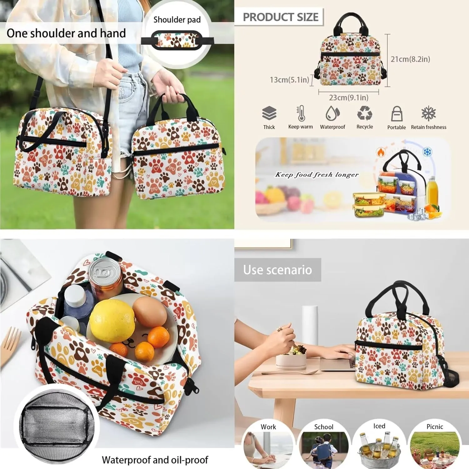 Dog Paw Print Middle School Backpacks for Girls Lightweight Sturdy Zippers Bookbag with Lunch Box Leakproof Large Lunch Containers for Back to School Gifts