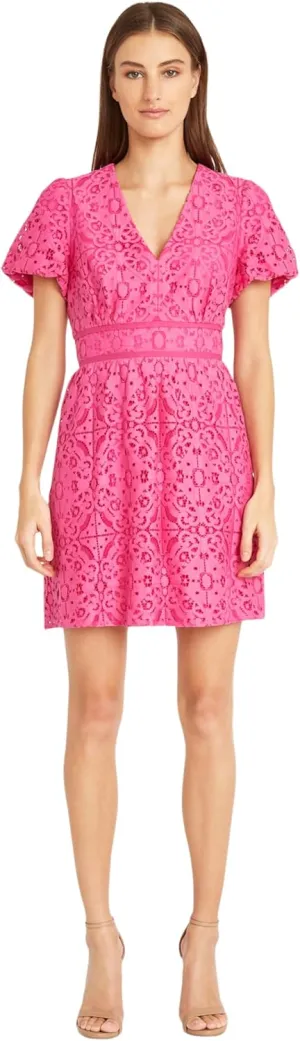 Donna Morgan V-Neck Lace Short Puff Sleeves | Wedding Guest Dresses for Women