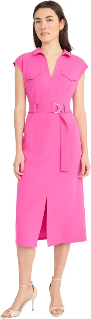 Donna Morgan Women's Collared Cap Sleeve Midi D-Ring Belt-Special Occasion Wedding Guest Bridesmaid Dress, Rose Violet