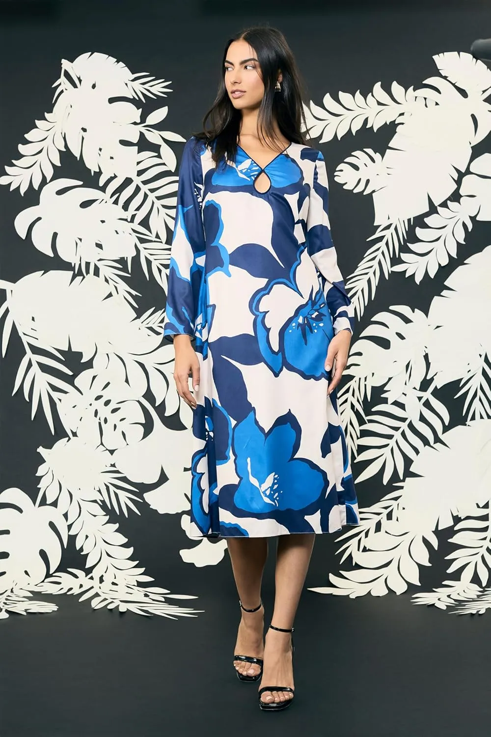 Donna Morgan Women's V-Neck Keyhole Midi Bell Sleeves-Special Occasion A-line Wedding Guest Dress