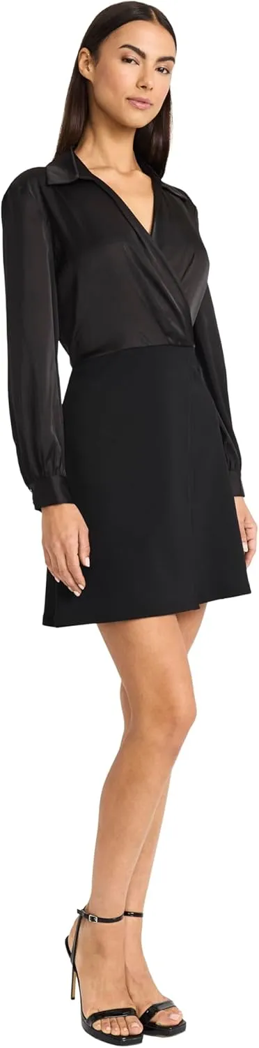 Donna Morgan Women's Wrap Front Mini Long Bishop Sleeves-Collared Neckline A-line Cocktail Dress