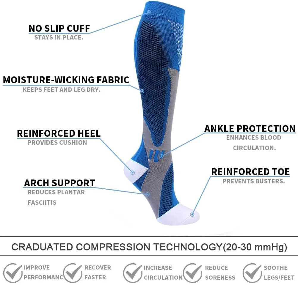 Double Couple 6 Pairs Compression Socks for Men Women 20-30mmhg Knee High Support for Sports Circulation