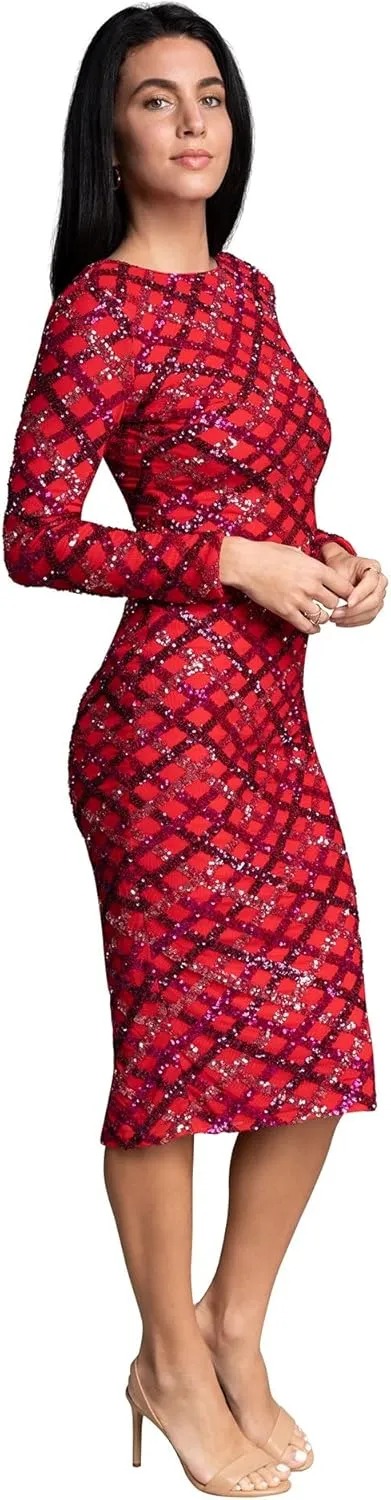 Dress the Population Women's Emery Long Sleeve Stretch Sequin Midi Sheath