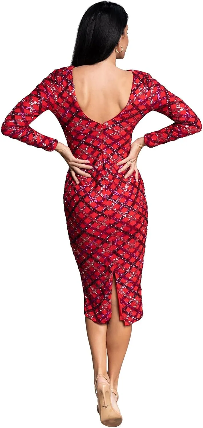 Dress the Population Women's Emery Long Sleeve Stretch Sequin Midi Sheath