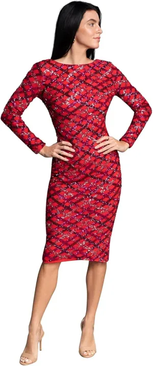 Dress the Population Women's Emery Long Sleeve Stretch Sequin Midi Sheath