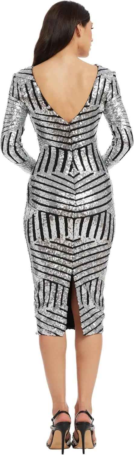 Dress the Population Women's Emery Long Sleeve Stretch Sequin Midi Sheath