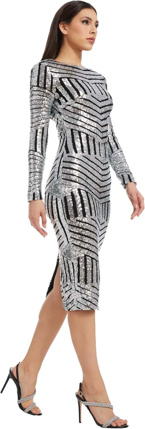 Dress the Population Women's Emery Long Sleeve Stretch Sequin Midi Sheath