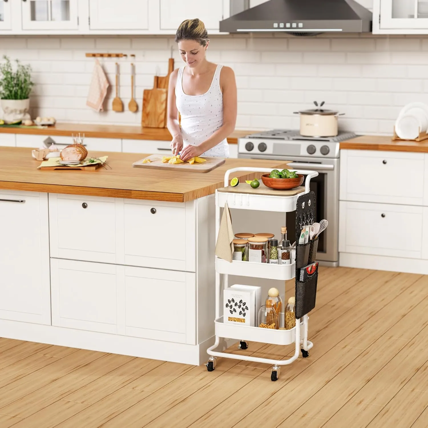 DTK 3 Tier Metal Utility Rolling Cart with Table Top and Side Bags, Metal Tray Storage Organizer Cart with Wheels, Art Craft Cart with 4 Hooks for Kitchen Bathroom Office Living Room (White)