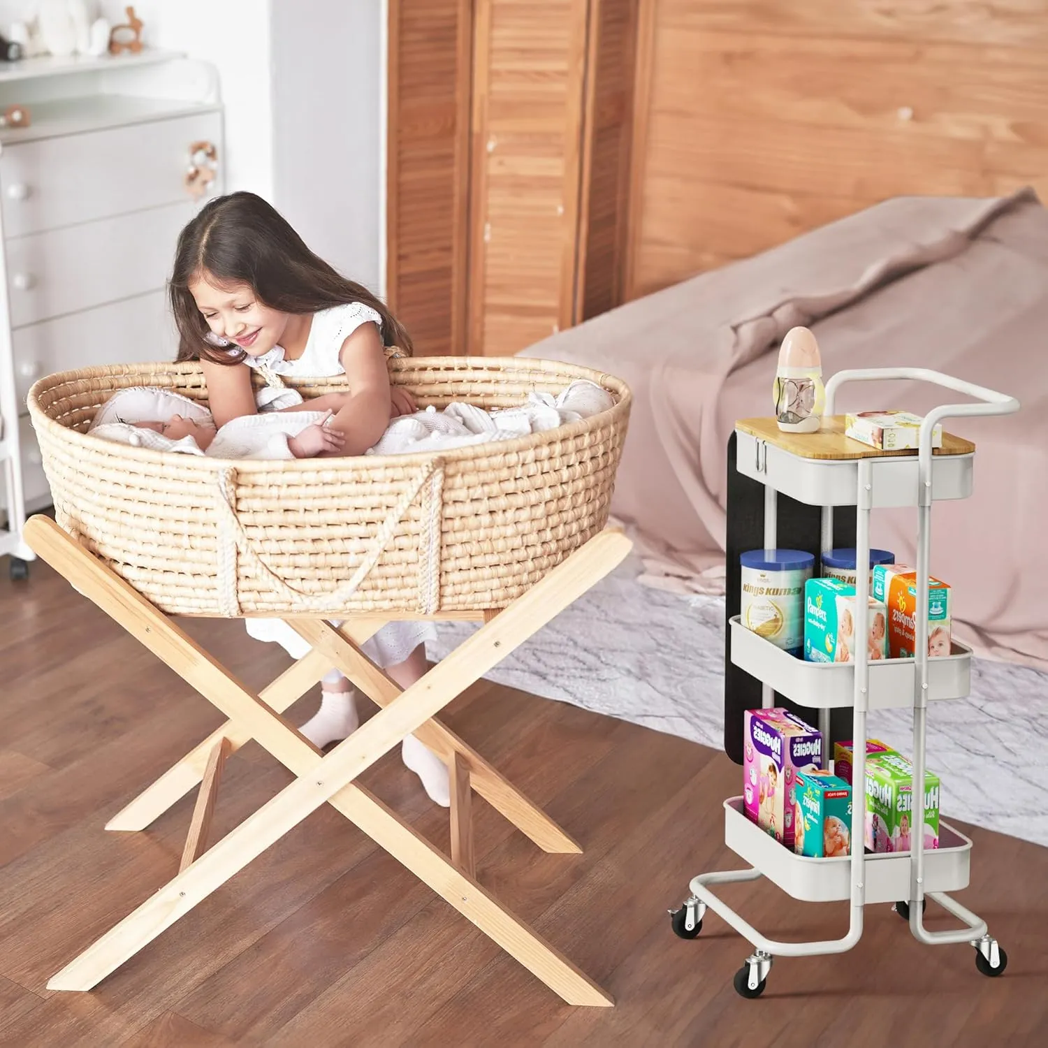 DTK 3 Tier Metal Utility Rolling Cart with Table Top and Side Bags, Metal Tray Storage Organizer Cart with Wheels, Art Craft Cart with 4 Hooks for Kitchen Bathroom Office Living Room (White)