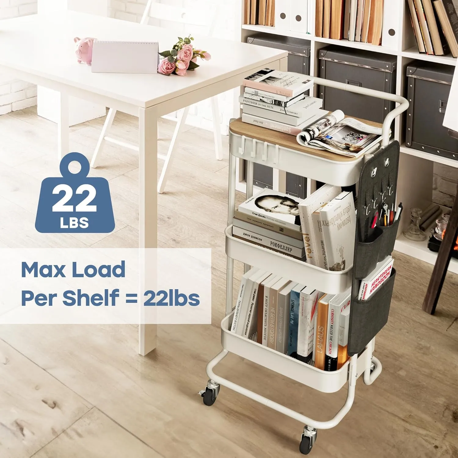 DTK 3 Tier Metal Utility Rolling Cart with Table Top and Side Bags, Metal Tray Storage Organizer Cart with Wheels, Art Craft Cart with 4 Hooks for Kitchen Bathroom Office Living Room (White)