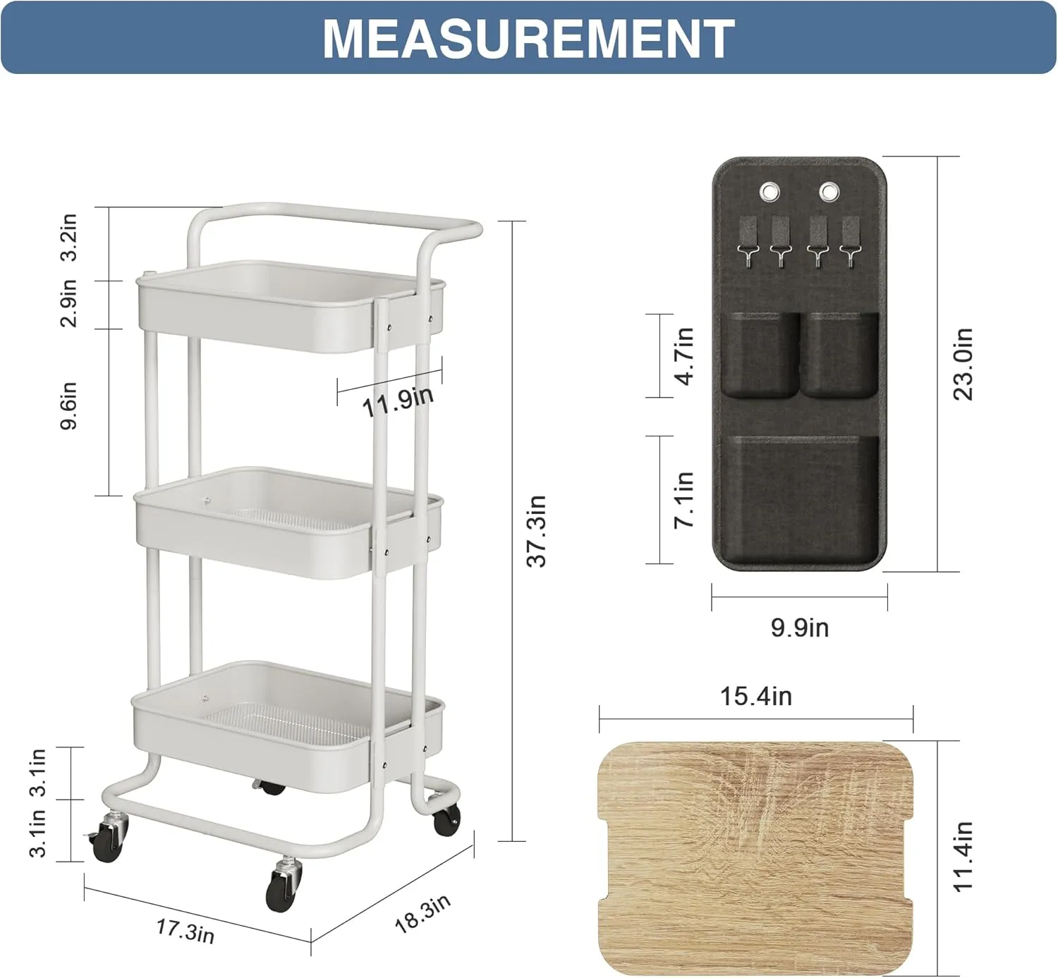 DTK 3 Tier Metal Utility Rolling Cart with Table Top and Side Bags, Metal Tray Storage Organizer Cart with Wheels, Art Craft Cart with 4 Hooks for Kitchen Bathroom Office Living Room (White)