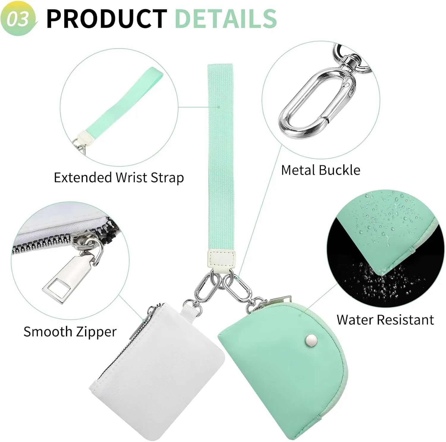 Dual Pouch Wristlet Wallets For Women, Coin Purse Zip Around Wristlet Pouch, Portable Zipper Wristlet Nylon for Daily Travel Walking, Mint Green
