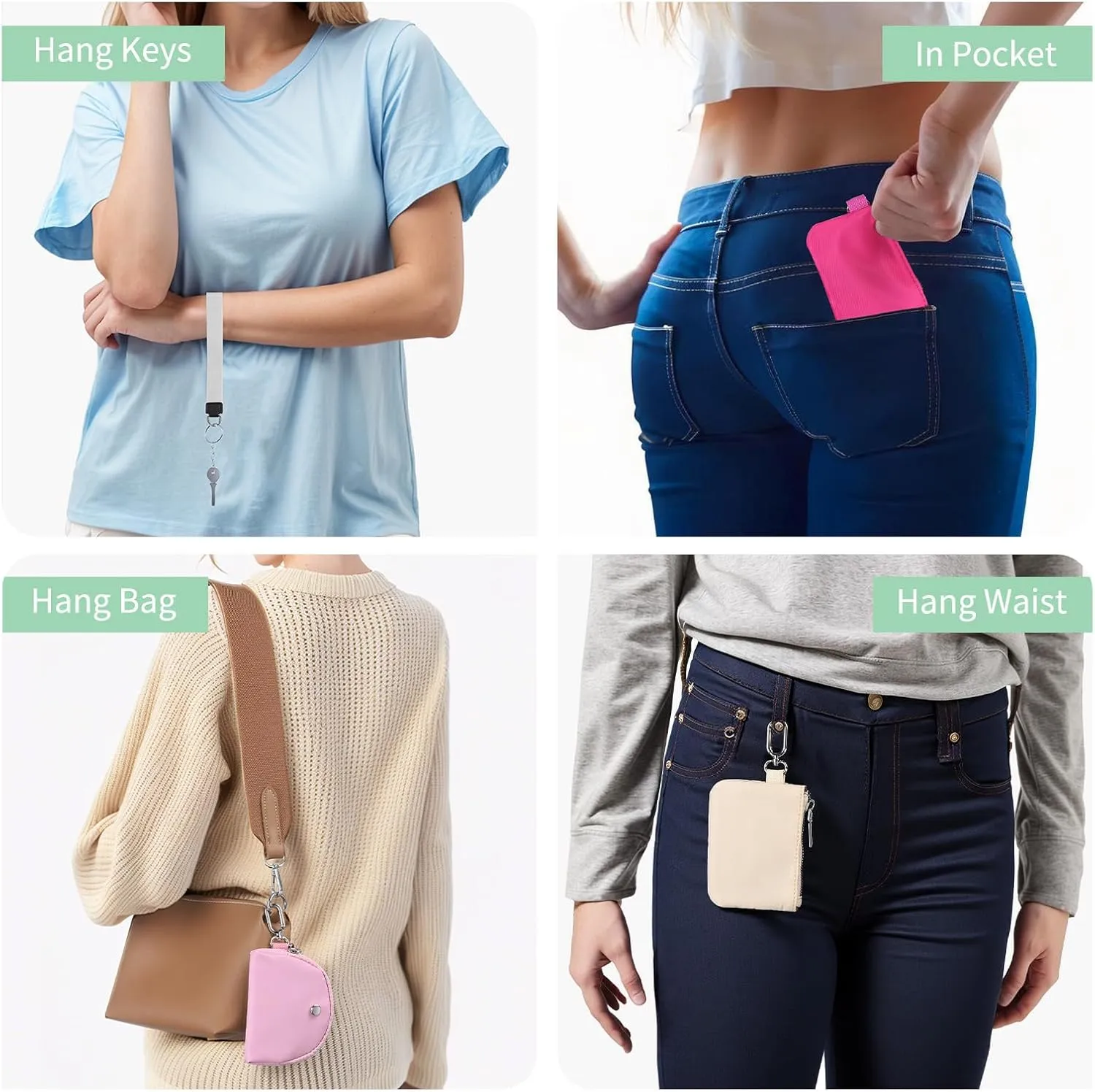 Dual Pouch Wristlet Wallets For Women, Coin Purse Zip Around Wristlet Pouch, Portable Zipper Wristlet Nylon for Daily Travel Walking, Mint Green