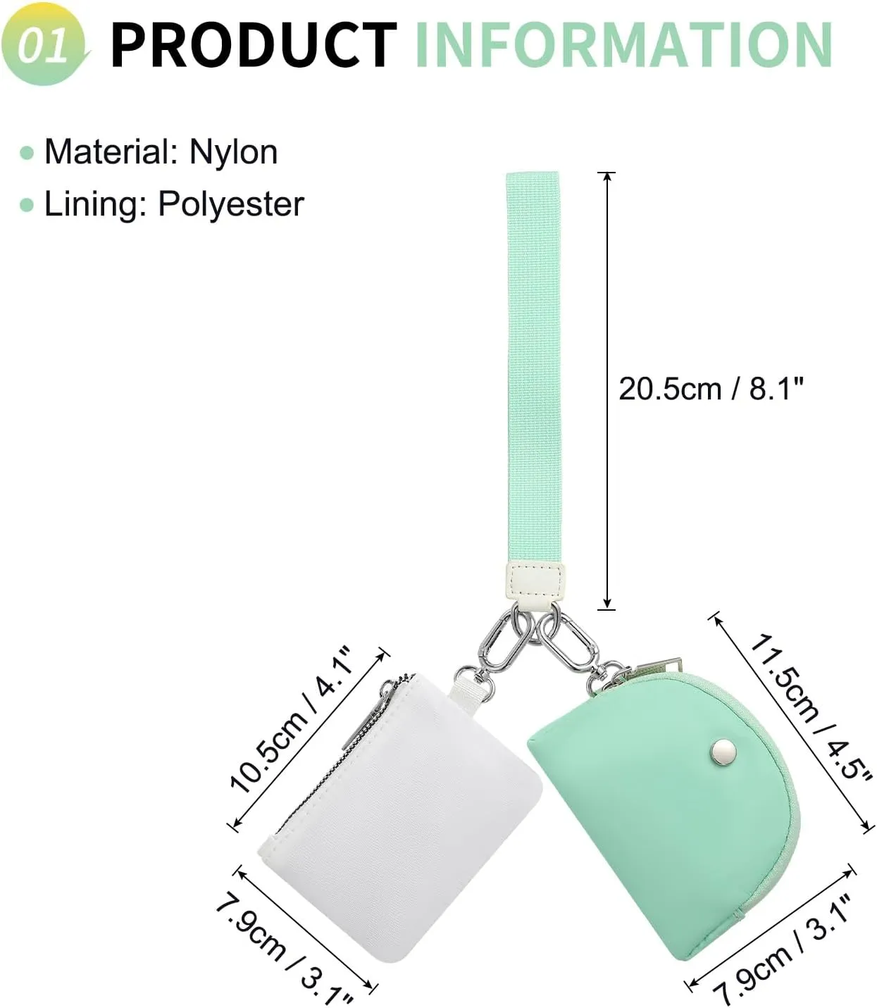 Dual Pouch Wristlet Wallets For Women, Coin Purse Zip Around Wristlet Pouch, Portable Zipper Wristlet Nylon for Daily Travel Walking, Mint Green