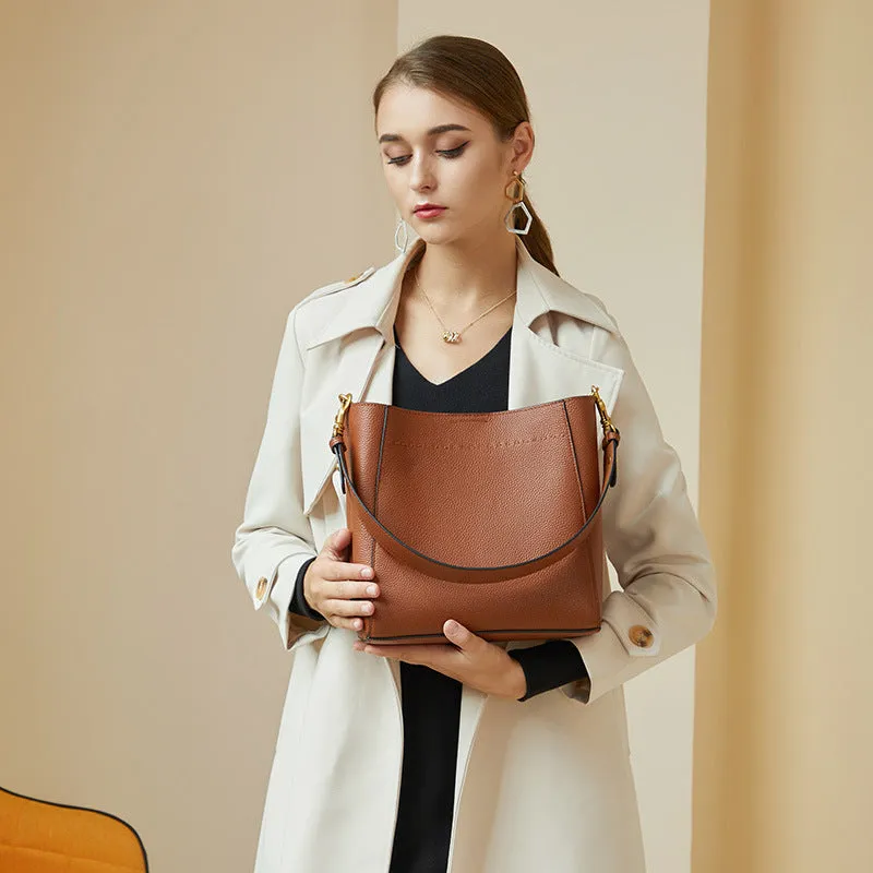 Durable Women's Layer Cowhide Vintage Leather Bucket Bags